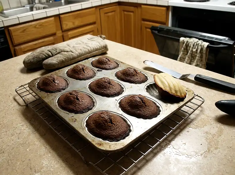 Chocolate Madelines Recipe 5 just out of the oven on the rack