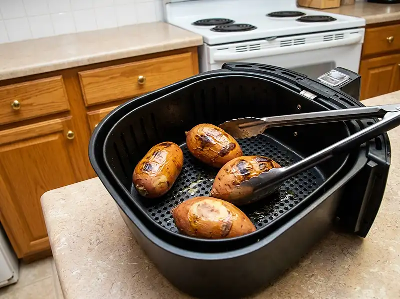 Sweet Potato Ground Beef Recipe 4 olive-oiled sweet potatoes in the open air-fryer basket, blistered unevenly and clearly half-cooked.