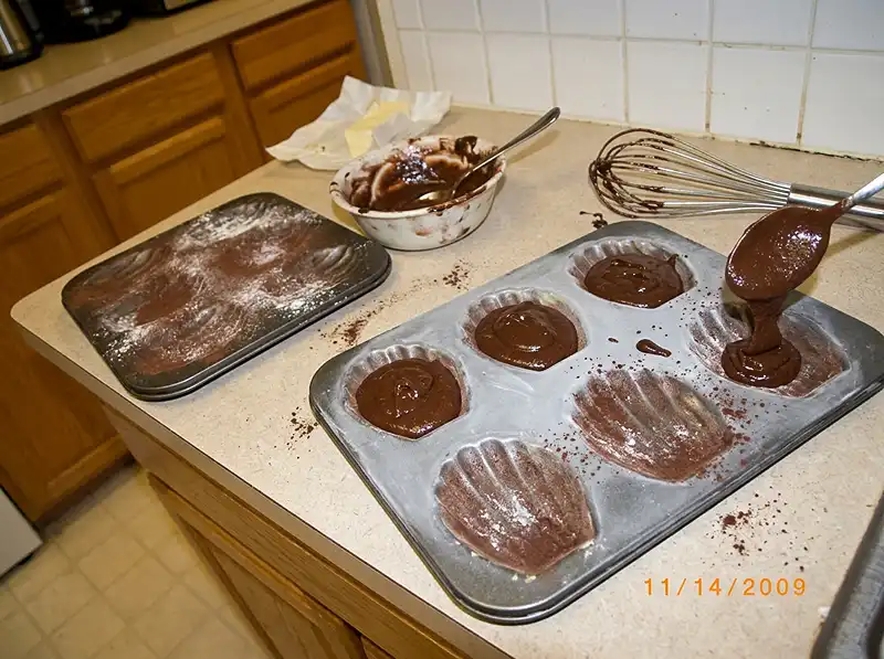 Chocolate Madelines Recipe 4 pan straight from the freezer being filled
