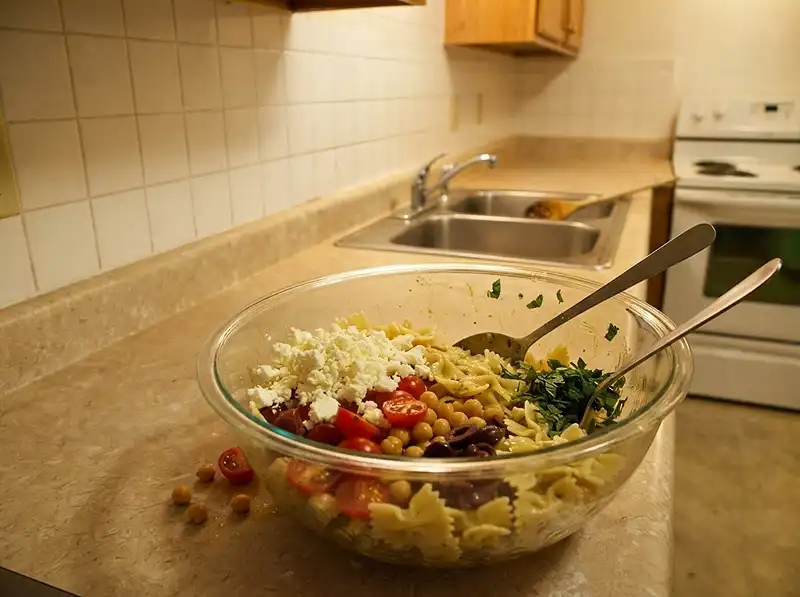 Feta Bean Pasta 4 pasta salad with garbanzo beans tomatoes and feta cheese