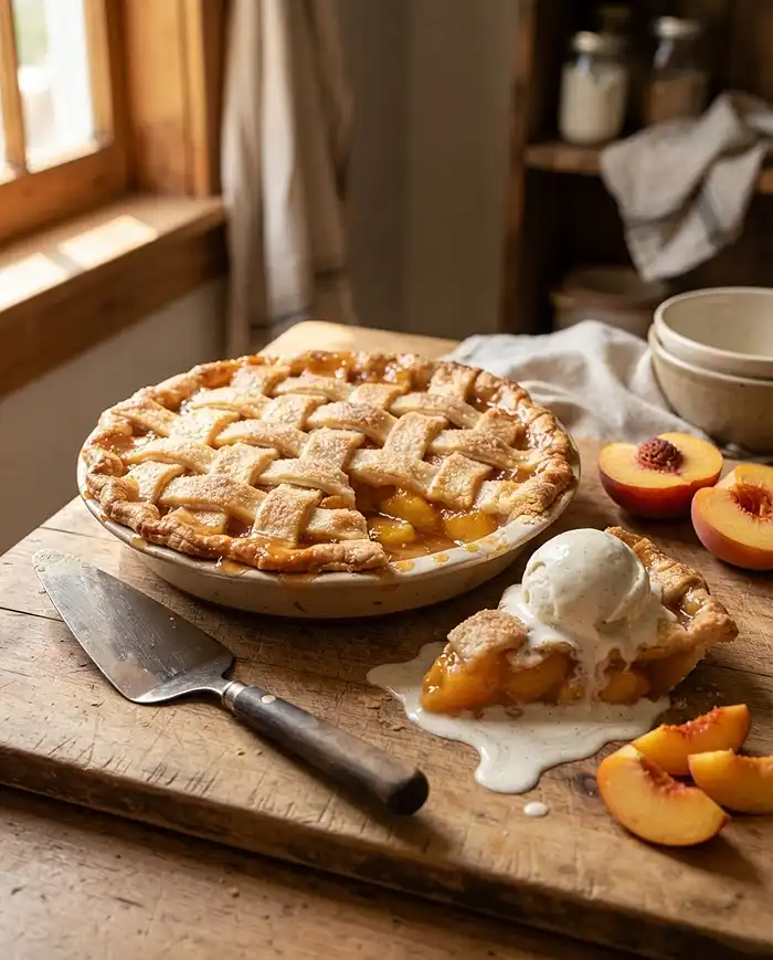 Cozy Peach Dessert Recipes 4 spotlighting a classic peach pie with flaky crust and syrupy filling