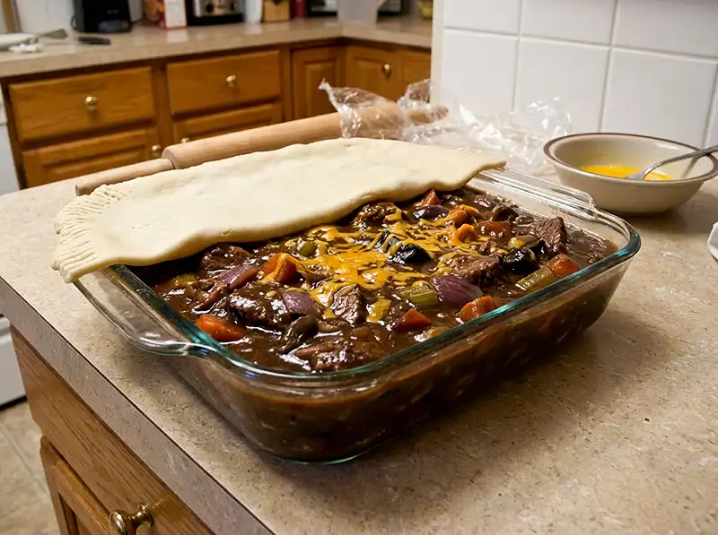 Guinness Pie 5 the Pyrex dish full of dark stew with cheddar partly melted, a raw pale matte pastry lid resting