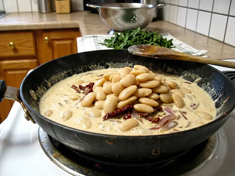 the beans going in Tuscan Marry Me Butter Beans