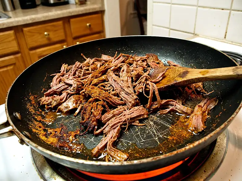 Pabellón Criollo (Venezuelan Shredded Beef) 4 the crisping stage in the skillet
