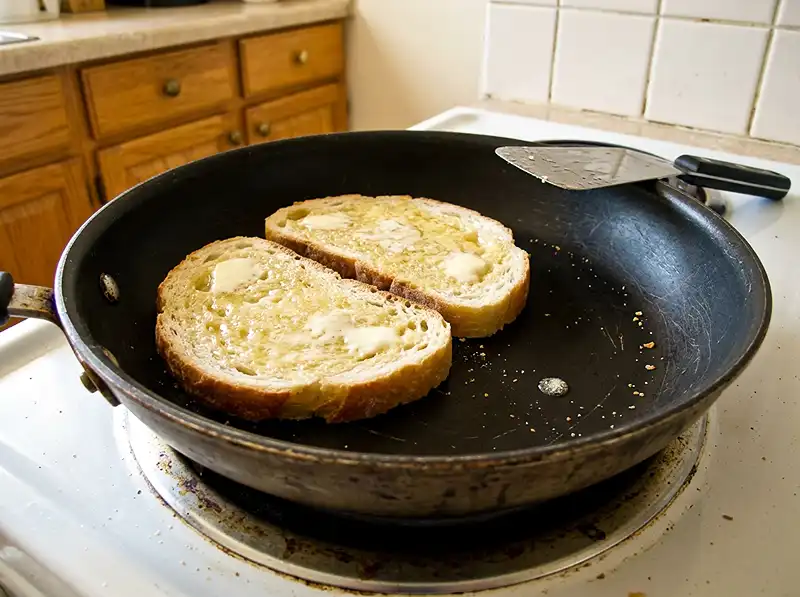 Mozzarella Grilled Cheese 4 the dry toast both slices in the empty hot pan, tops buttered and going translucent, undersides just set and lightly golden. No oil, no cheese.