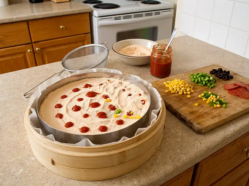 Pizza Seolgi 4 the first flour layer only roughly levelled, sauce dabbed in the centre with bare rim, the second flour layer half on so some sauce dots still peek t