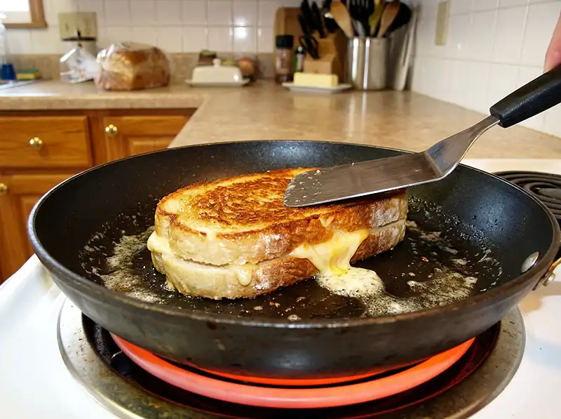 Mozzarella Grilled Cheese 5 the flip second side pale and patchy, first side golden at the upturned edge, spatula pressing down, pale cheese just starting to ooze and sizzle at one side. Mid-cook, no